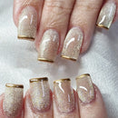 24Pcs Simple Gold French Nails Sets Square Press on Nails Tips Shiny Full Cover Art Nail