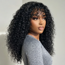 Curly Wig With Pre-Cut Bangs & Drawstring Natural Black 4×1 Lace Part Human Hair Wig 180% Density