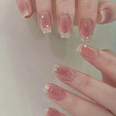 Close-up of hands with clear nail polish and decorative elements on a light background, Obroi