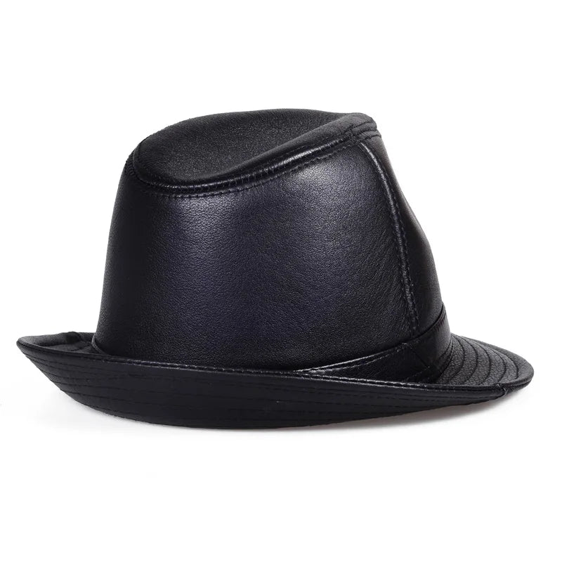 Men Genuine Leather Jazz Fedora Cap Gentleman Short Brim Topper