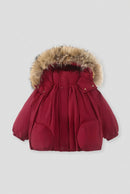 A red puffer jacket with a large faux-fur trimmed hood, displayed against a solid light gray background, Obroi