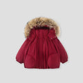 A red puffer jacket with a large faux-fur trimmed hood, displayed against a solid light gray background, Obroi