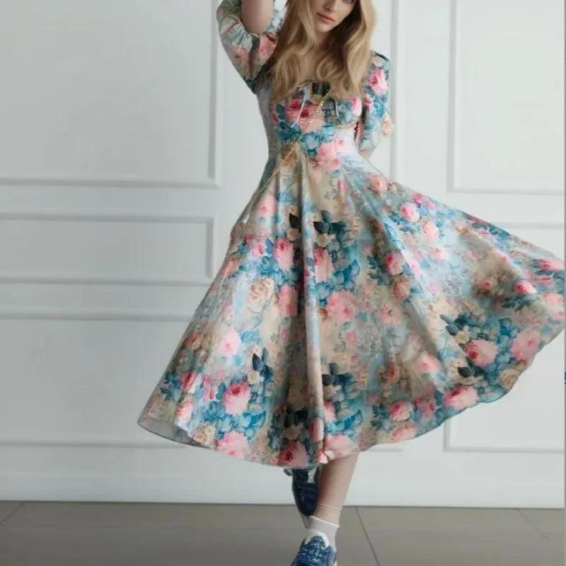 Princess Summer Gradient Flower Swing Midi Dress Puff Sleeve Retro Women Slim Waist Fairy Holiday