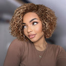 Woman with stylish short-cut curls and text describing hair product features, Obroi