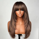 Brown wig with bangs on a mannequin head against a white background ,Obroi