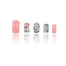 A full set of 24 short square fake nails zebra print double design
