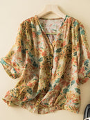 Summer Blouse Shirt Short Sleeve V-Neck Button Elegant Office Ladies Women Casual Loose Tops Elegant