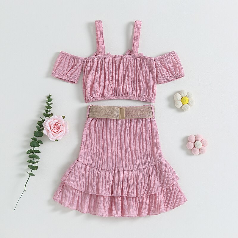 Girls Outfit Sets Summer Kids Casual Clothing For Girls Short Sleeve Strap Tops+Ruffle Skirt Children Baby Girl Clothing