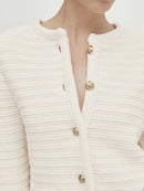 Women Autumn Hollow Knitted Cardigan Retro Long Sleeve Chic Round Neck Button Top