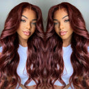 A close-up of a woman wearing a long, wavy wig in a deep auburn-brown shade, shown in a mirrored split-screen composition against a plain light gray background, Obroi