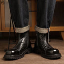 Round Toe Handmade Ankle Boot Retro Genuine Leather Platform Zipper Male Mid Heel Boots