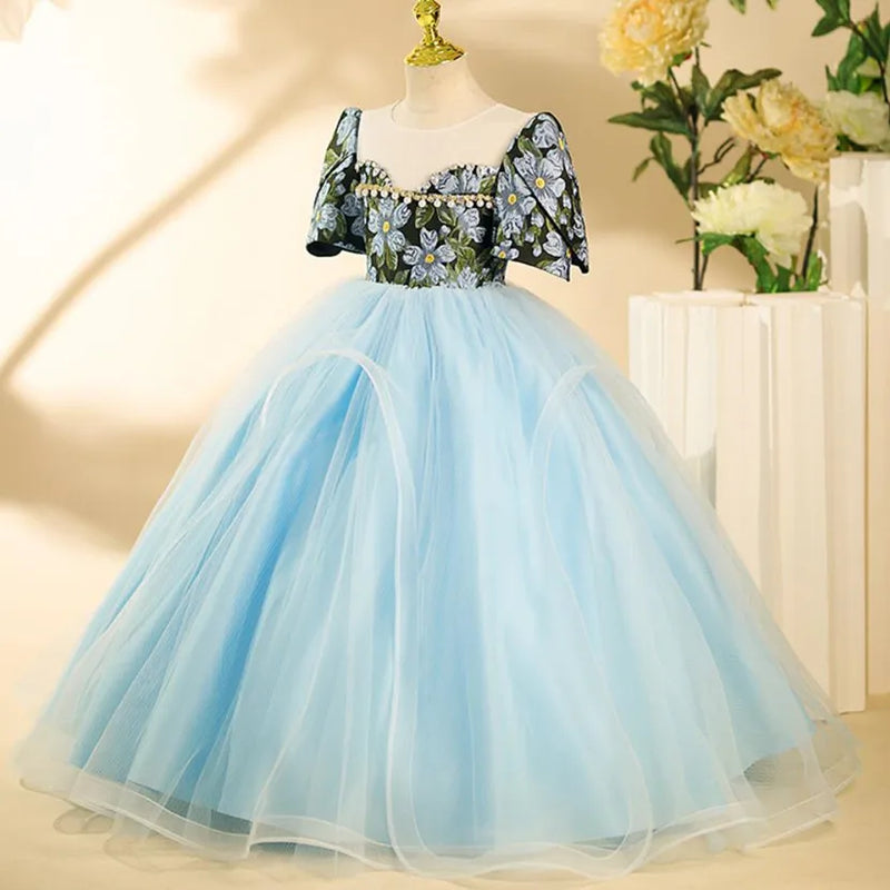 Princess Evening Gown Pearls Design Kids Birthday Party Wedding Girl Dress