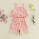 Children Girls Summer Clothing Set Toddler Two Pieces Outfits Set Floral Ruffled Sleeveless Tank Tops Tassel Shorts Set
