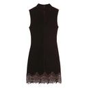 Women Lace Trim Velvet Dress Side Draped Sleeveless Mini Dresses Female