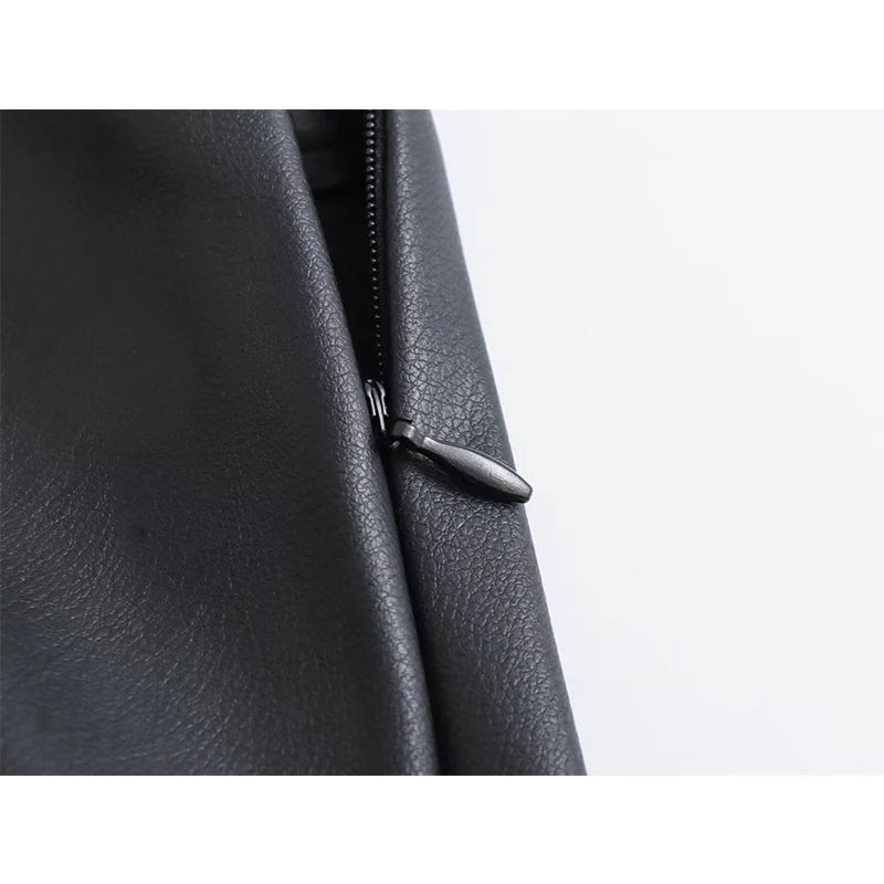 Women Pronounced Seams Black High Waist Faux Leather Midi Skirt