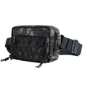 A tactical waist bag with a black and dark green camouflage pattern, featuring a prominent black honeycomb front panel, zippered compartments, and an adjustable black webbing strap with a quick-release buckle, Obroi