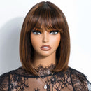 Chocolate Brown Short Straight Bob Human Hair Wig With Bangs For Women Glueless Bob Wig