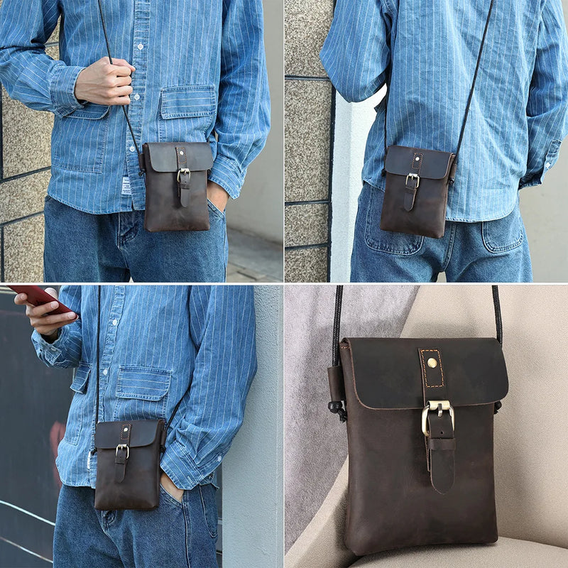 Genuine Leather Men Vintage Casual Messenger Bag Mini Leather Shoulder Crossbody Bag