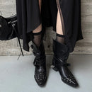 Autumn Belt buckle Knee high boots Pointed toe rivet pull-on heels Pleated Motorcycle boots