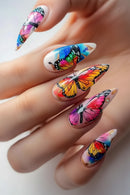 Nails with colorful butterfly designs on a light background, Obroi