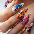 Nails with colorful butterfly designs on a light background, Obroi