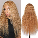 Blonde curly wig shown on a mannequin head and a person with a neutral background, Obroi