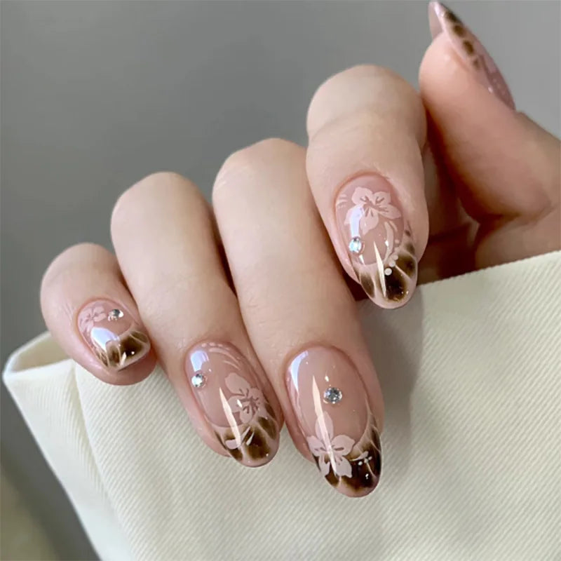 Pink Flowers French Rhinestone Nail Art Chic False Nails Detachable Finished Fake Nails Press on Nails