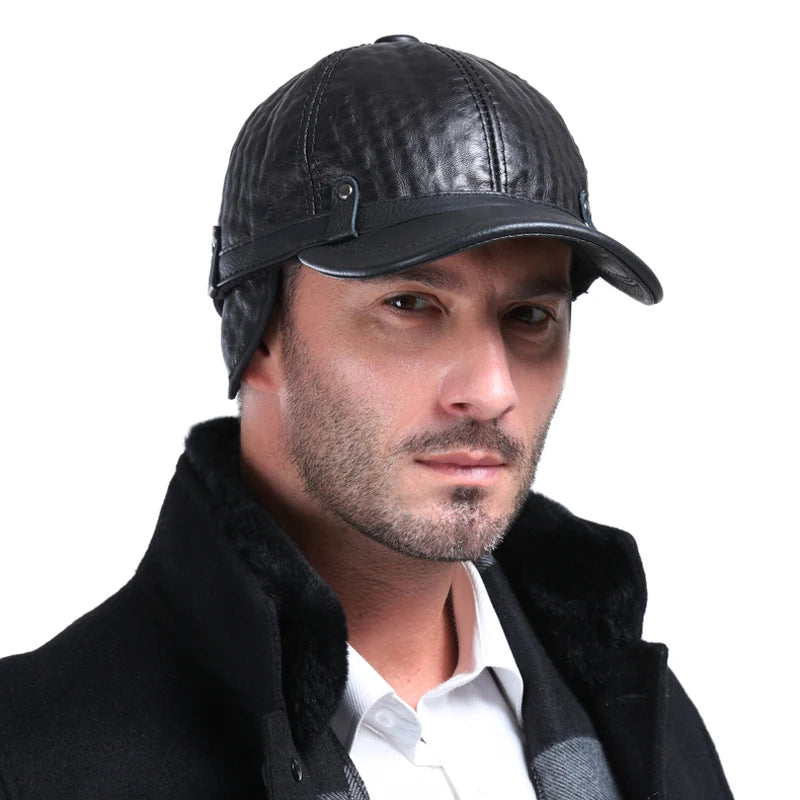 Men Leather Hat Winter Male Casual Embossing Adjustable Baseball Cap