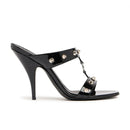 Black high-heeled sandal with chain and studs on a white background, featuring the Obroi brand.