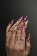 24PCS Almond False Nail Pink Gradient Stiletto Nail Art for Women with Golden French Press on Nail Wearable Manicure Tip