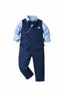 Navy blue children's suit with light blue shirt and bow tie on a white background, Obroi