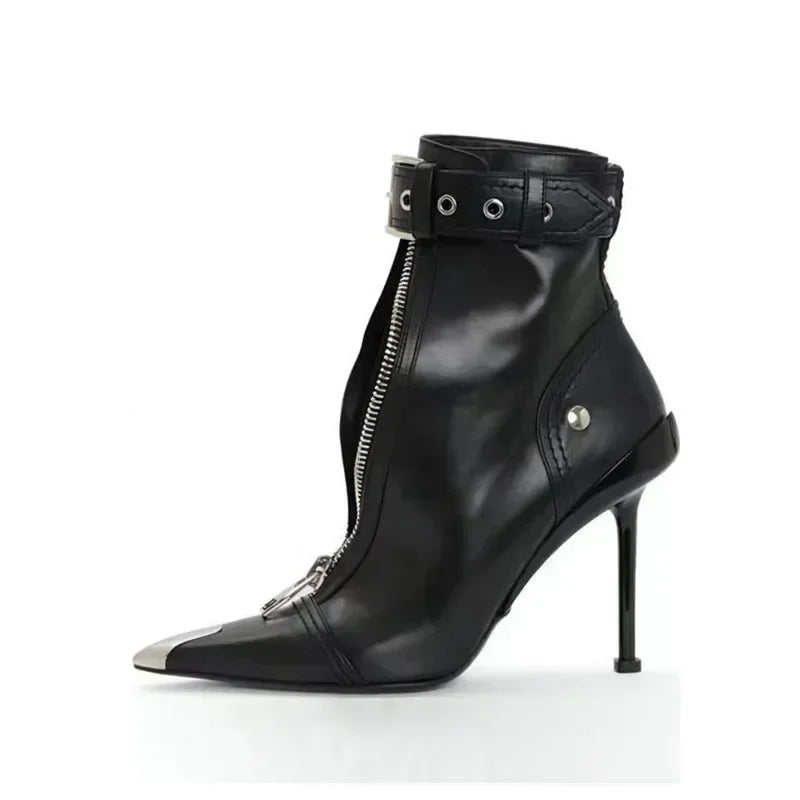 Short Boots Women's Autumn Winter Pointed Metal Decoration Red High Heels Ankle Boots