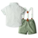 Children's outfit with patterned shirt and green shorts with suspenders on a white background, Obroi