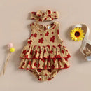 Summer Newborn Baby Girls Clothes Cotton Linen Floral Print Layered Sleeveless O-neck Rompers Jumpsuits Headband Outfits