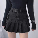 Vintage Denim Skirt Women Streetwear High Waist Pockets Gothic Black Jeans Pleated Skirt Autumn Winter