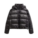 Black puffer jacket with a hood on a white  , Obroi