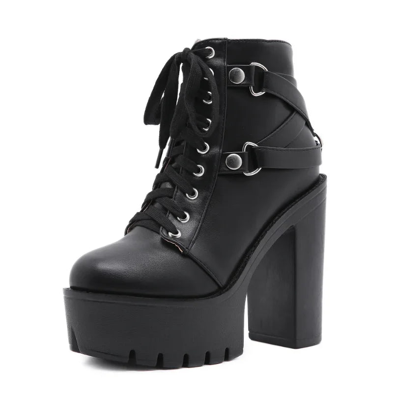Heeled Boots for Women Platform Moto Boots Crude With High Heel Shoes Strap Black