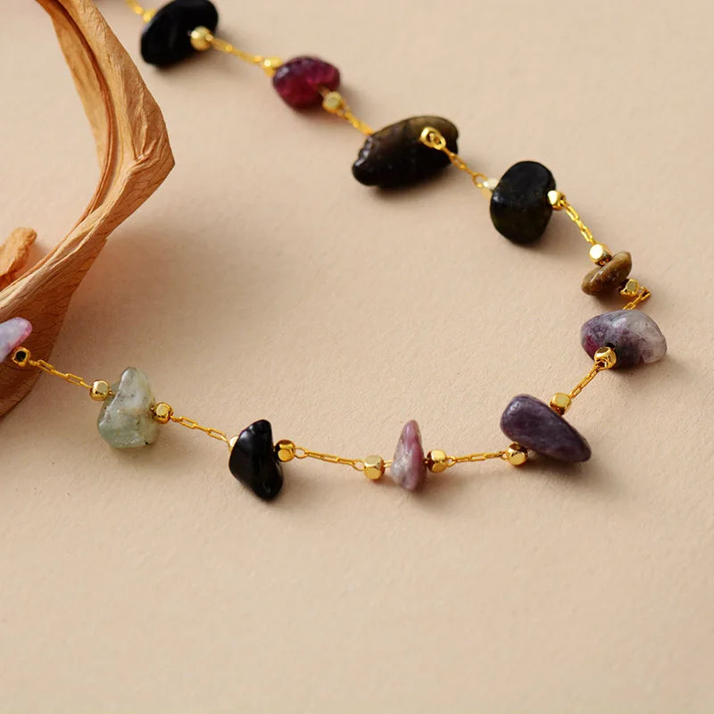 Simple Women Tourmaline Gold Plated Chain Lariat Chokers Necklace Designer Healing Crystal Beads Jewelry