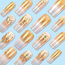 24pcs Plaid Pattern Nail Shimmery Gold Sequins Bowknots Designs False Nail With Press On Nail