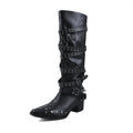 Autumn Belt buckle Knee high boots Pointed toe rivet pull-on heels Pleated Motorcycle boots