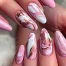 Sweet Pink Marbling Manicure False Nails French Medium Almond Detachable Press On Nail Tips
