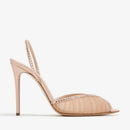 Beige high-heeled sandal with crystal embellishments on a white background, Obroi