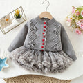 A toddler girl's gray knit cardigan sweater with a matching gray ruffled tulle tutu skirt, displayed on a wooden hanger against a white textured background with decorative props, Obroi