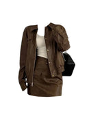 American Retro Women Vintage Outfits Clothing set Set Faux Leather Jacket Lapel Collar Elastic Waist Mini Skirts Elegant
