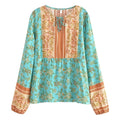 Boho Queens Women Floral Lace-up Bohemian Blouse Shirts Long Sleeve Tassel Rayon Tops
