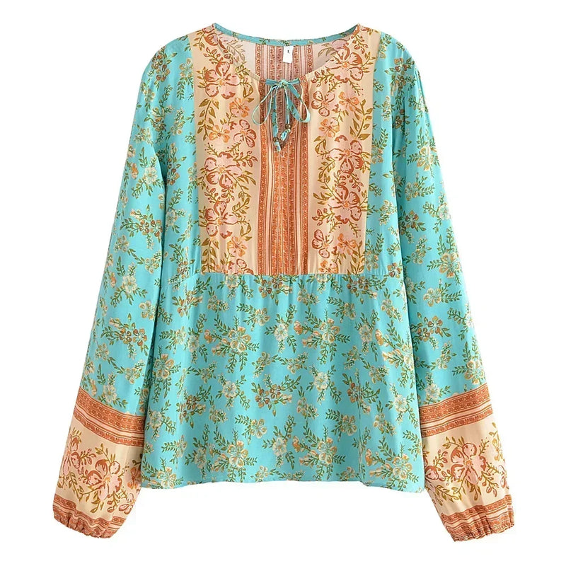 Boho Queens Women Floral Lace-up Bohemian Blouse Shirts Long Sleeve Tassel Rayon Tops