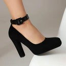 Ladies Pumps Square Toe Flock Suede Block Ankle Buckle Strap Party Mature Female Shoes