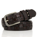 Brown woven leather belt with silver buckle on a white background, Obroi