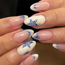 Blue Flowers White French Nail Art Almond False Nails Detachable Finished Fake Nails Press on Nails