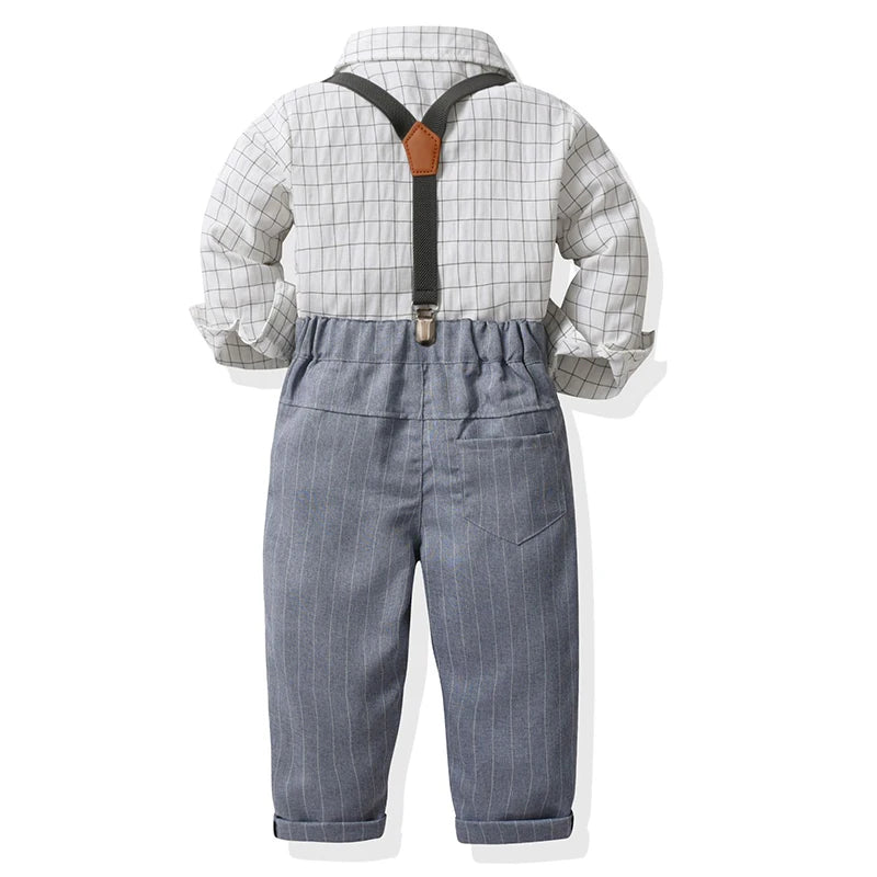 Toddler Boys Spring Fall Clothes Plaid Lapel Shirt with Striped Grey Pants Kids Party Gentleman Cotton Costume